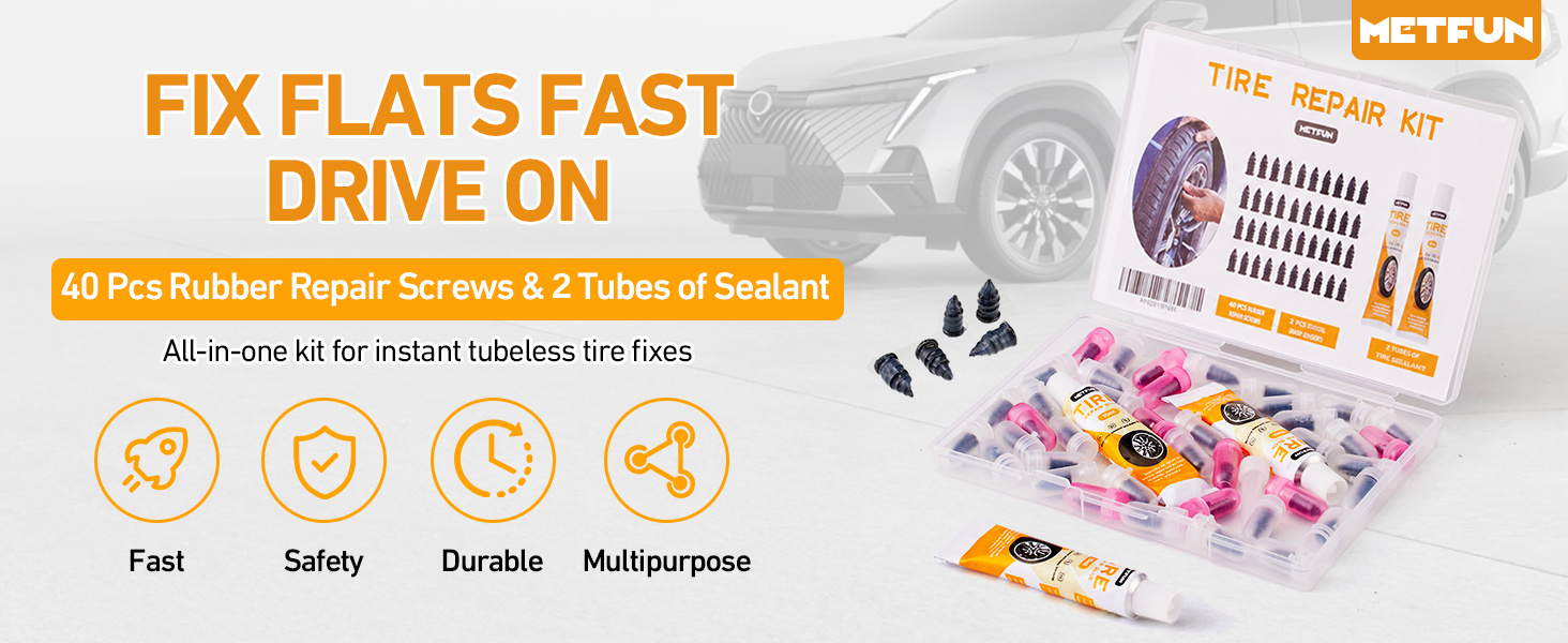 compact and complete all in one tire repair kit - 40 tire repair screws &amp;amp; 2 tubes of sealant
