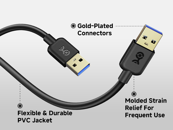 Male to male USB 3.0 cable with gold-plated connectors for error-free data.