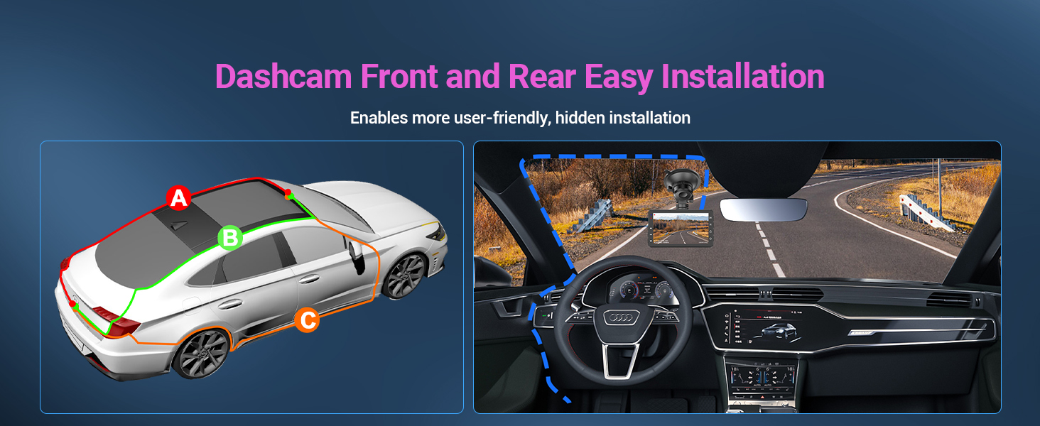 Dashcam installation guide showing split-screen view of vehicle exterior and interior dashboard mounting positions. Includes installation indicator points.