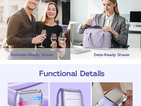 Text reads 'Business-Ready Shaver' and 'Date-Ready Shaver'. Three people demonstrating shavers in professional and casual settings with product variants shown.