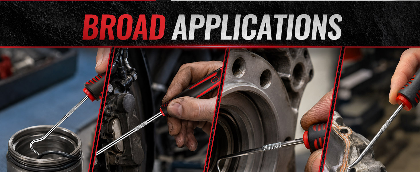 Automotive pick set shown in four workshop close-ups around seals and metal components.