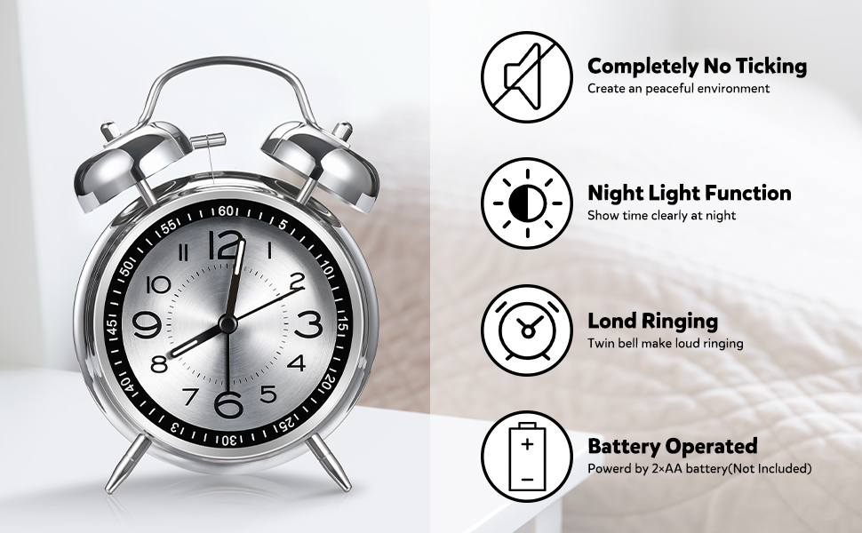 4&amp;#34; Twin Bell retro Silent Non-Ticking Quartz Battery Operated Extra with Backlight