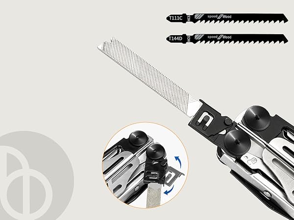 Set of power tool accessories including two jigsaw blades and a multi-tool attachment with various heads for cutting and sanding.