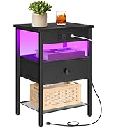 HOOBRO Nightstand with Charging Station, End Table with Adjustable Fabric Drawer, USB-A, Type-C, ...