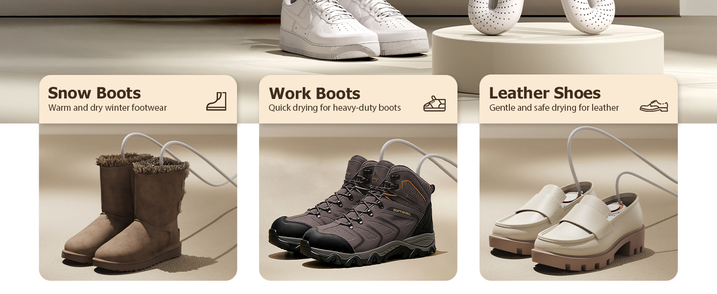 Text reads: 'Snow Boots', 'Work Boots', 'Leather Shoes'. Product menu showing three types of footwear with thumbnail images: brown snow boots, black work boots, and beige leather shoes.