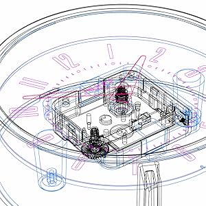 Technical blueprint or schematic drawing of a circular device, showing internal components and measurements in blue, pink, and black lines.