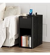 Homleke Narrow End Table with Fluted Drawer and Charging Station, Small Nightstand with USB Ports...