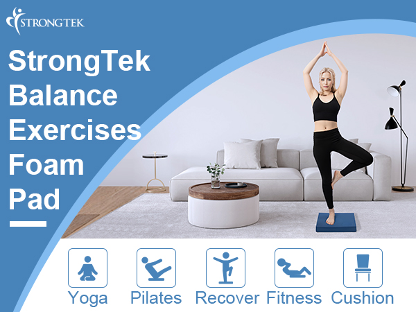 Blue foam balance pad for exercise. Woman demonstrating yoga pose on pad in living room. Icons show multiple fitness uses.