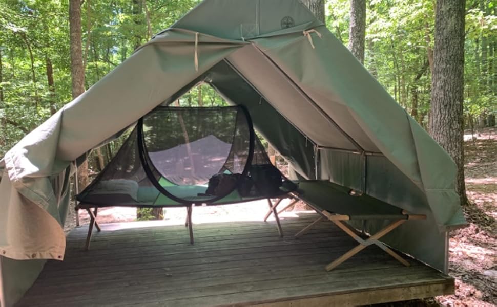 mosquito net tent on a camping cot