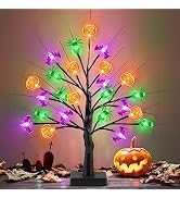 [Timer] Halloween Decor 18 Inch Black Halloween Tree with 24 LED Pumpkin Bat Spider Light, USB/Ba...