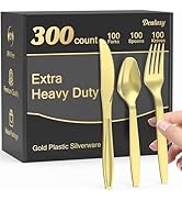 Dealusy 300 Count Extra Heavy Duty Gold Plastic Silverware, 100 Forks, 100 Spoons, 100 Knives, BP...