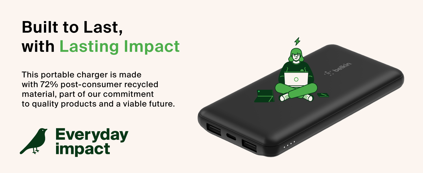 Image of belkin portable charging power brick with text reading built to last with lasting impact.