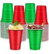 LANLISA 100Pcs Red and Green Plastic Cups, 16 oz Disposable Cups For Christmas Birthday Party Dec...