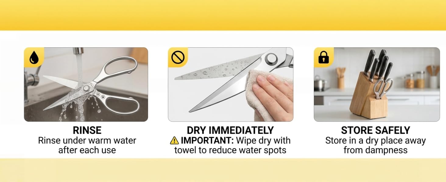 Kitchen scissors cleaning and storage care instructions