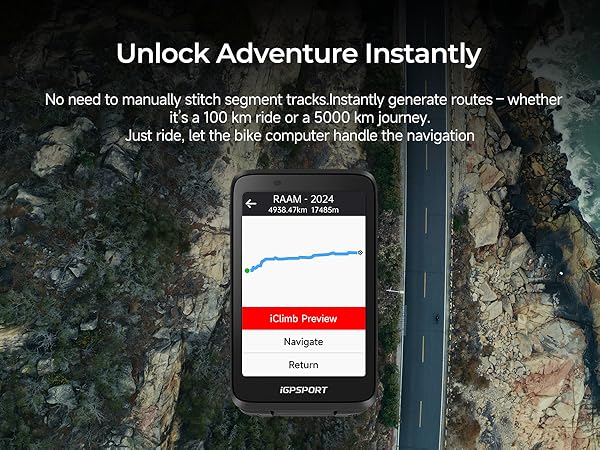 Bike computer device displaying route information against backdrop of mountainous terrain and road. Screen shows elevation graph, navigation options, and distance details for cycling routes.