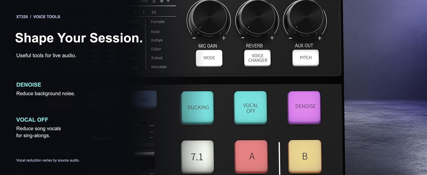 XT320 noise and vocal reduction controls. Vocal reduction varies by audio source.