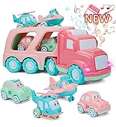 SHCKE Cartoon Pink Toy Cars for Girls, 5 in 1 Friction Powered Pink Truck Toy for Toddlers, Macar...