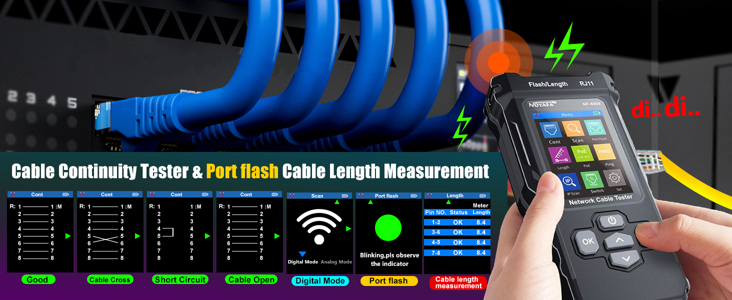 NOYAFA NF-8506 Network Cable Tester with IP Scanne Network Rate Test,/NCV POE/Ping/TDR CAT5 CAT6