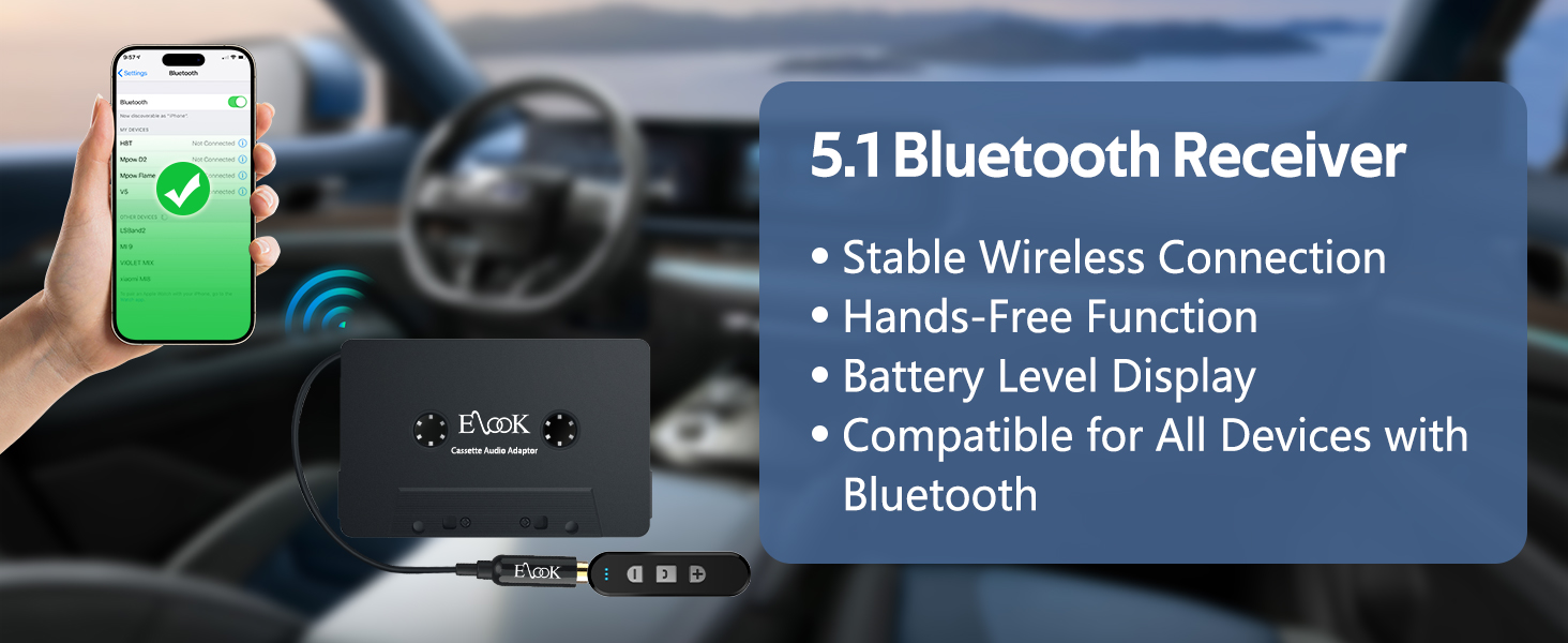 5.1 Bluetooth Receiver Kit for Cassette Aux Adapter with 3.5 MM Auxillary Cable