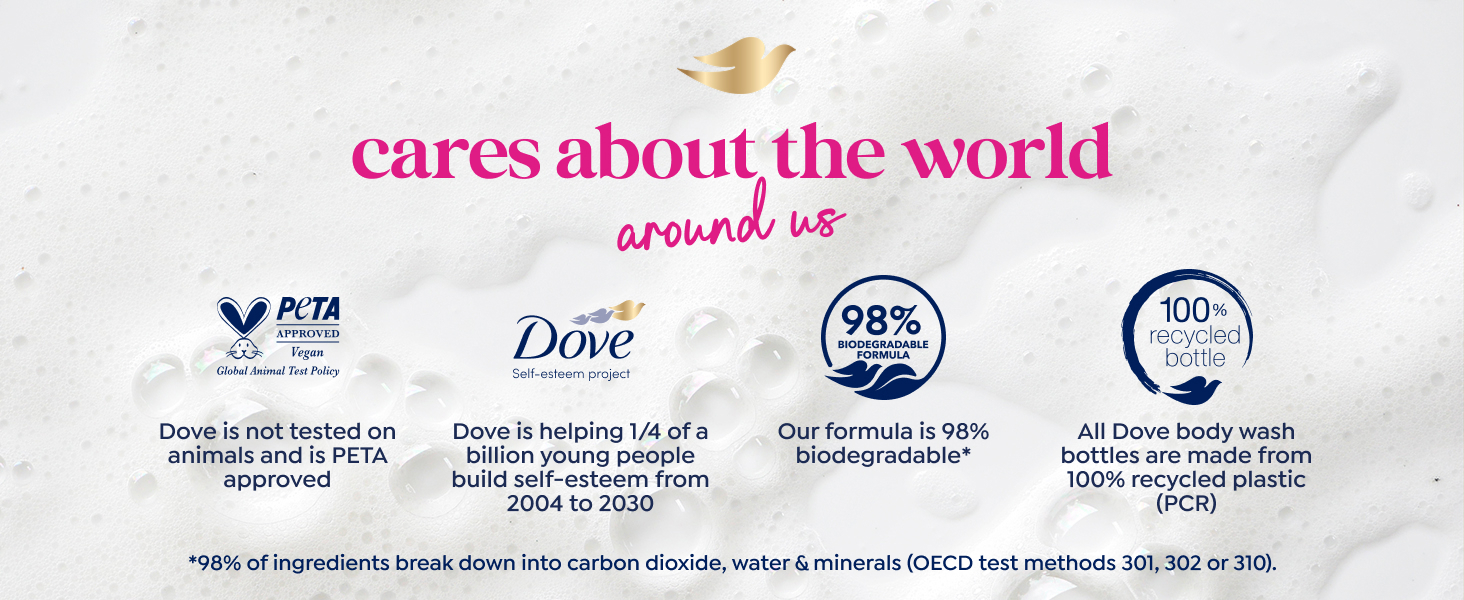 Dove body wash bottles rest on silky white fabric, with a fucshia background &amp;amp; dove emblem.
