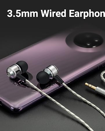 3.5mm wired earphones with metal housing, shown next to a purple smartphone and audio adapter.