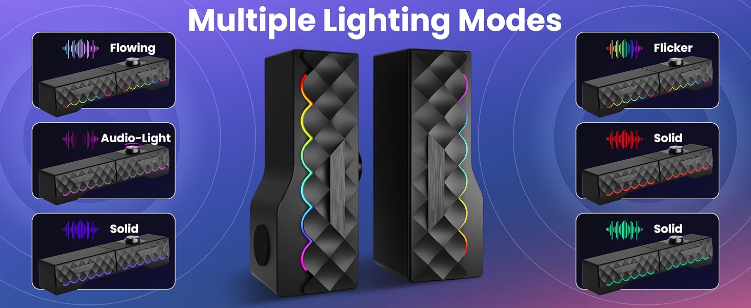 Text reads: 'Multiple Lighting Modes'. Display of identical electronic devices shown in different lighting conditions with purple and blue background illumination.