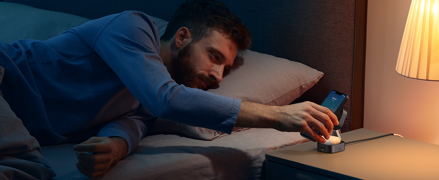 Night-time safe bedside wireless charging for peaceful sleep