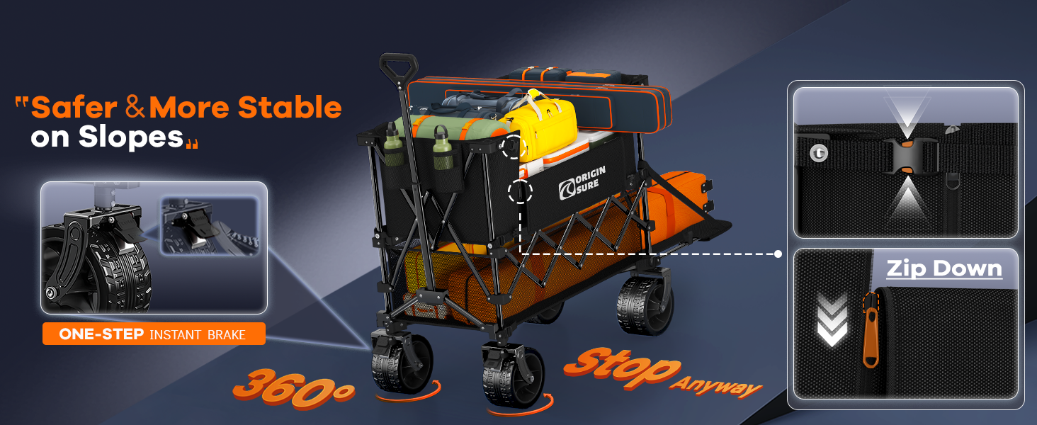 Two front wheels brake keeps the collapsible wagon safe and stable on the slope