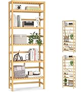 Homykic 6-Tier Bamboo Bookshelves and Bookcases, Adjustable 63.4”Tall Shallow Book Shelf Organize...