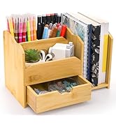ZAVOOS Bamboo Desk Organizer, Multi-Use Tabletop Storage File Holder with Drawer, 5 Compartments ...