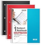 Dunwell College Ruled Spiral Notebook, (3-Pack, Red, Blue, Black) 1 Subject Notebook 8.5 x 11, Pl...