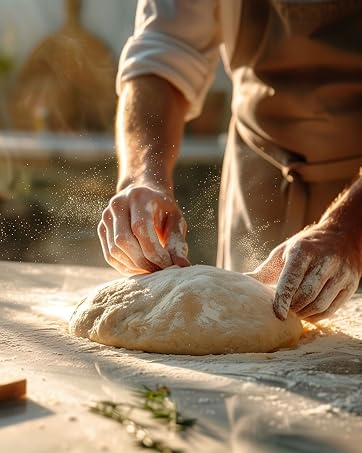 Person kneading dough on wooden surface. Hands working with flour-dusted bread dough. Sunlit kitchen environment visible.
