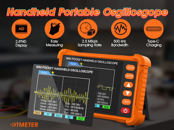 BTMETER mini oscilloscope auto/single trigger scope 500 kHz Bandwidth waveform tool Lab scope gifts