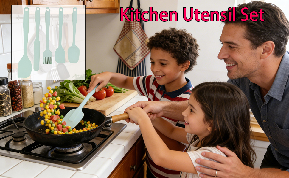 Flexible head of the spatula set conforms to pots and bowls for thorough, scratch-free scraping