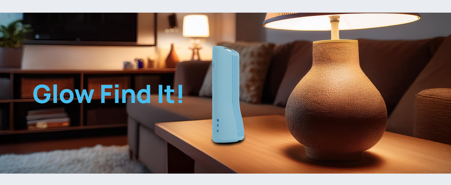 Remote case visible on table with glow feature for quick finding anytime