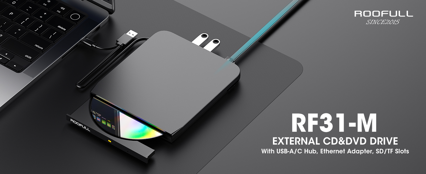 ROOFULL RF31-M External CD DVD Drive with USB-A/C Hub, SD/TF Card Slot, Ethernet Adapter