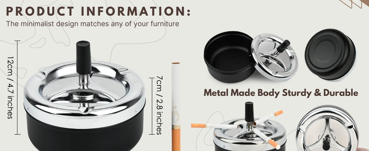 Round Push Down Spinning Metal Ashtray - Black