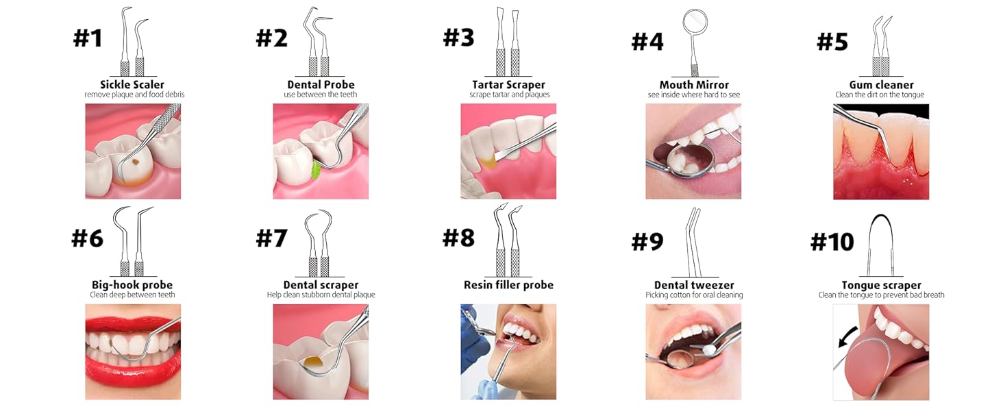 Stainless Steel Dental Cleaning Kit With Dental Picks, Tooth Tartar Scraper, Tongue Scraper, Mirror