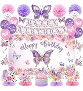 Roetyce Butterfly Decorations, 37PCS Happy Birthday Banner Balloons Honeycomb Centerpieces Cake T...