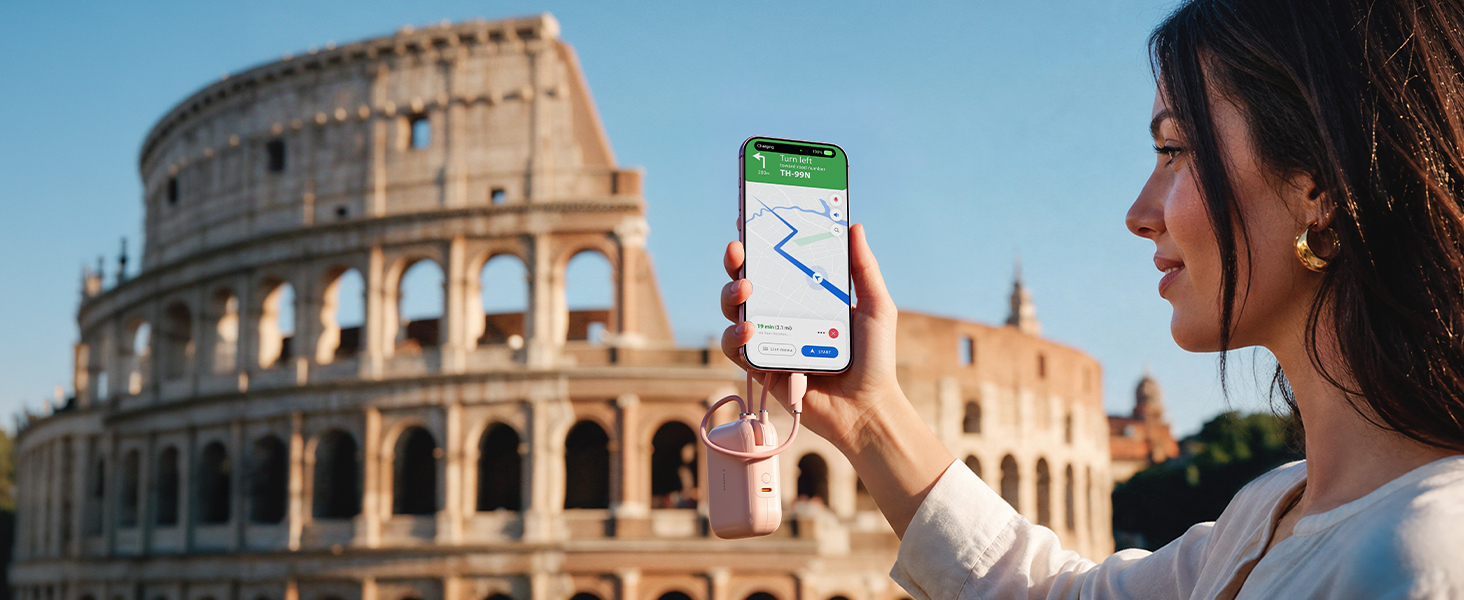 10000mAh portable charger powering phone GPS navigation for seamless travel trip in Rome