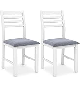Giantex Set of 2 Dining Chairs White, Upholstered Kitchen Chairs w/Padded Seat &amp; Ladder Back, Far...