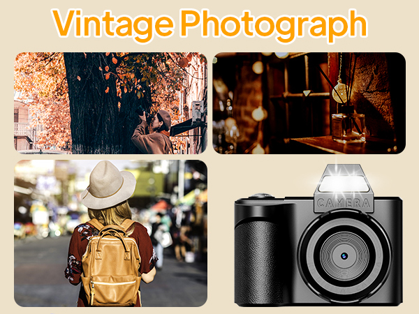 Text reads 'Vintage Photograph'. Collage of 4 photography-related images showing autumn trees, interior lighting, person with camera bag, and modern digital camera.