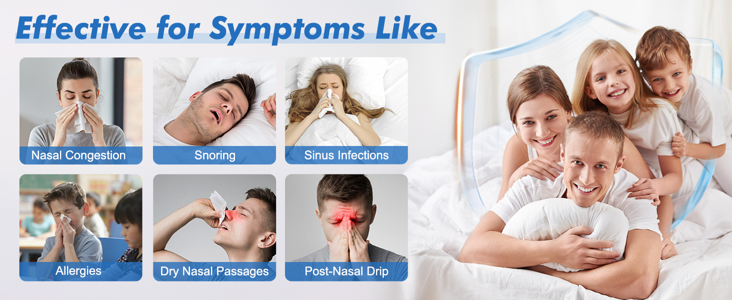 Medical symptom infographic showing six common respiratory conditions including nasal congestion, snoring, and allergies with corresponding illustrations.