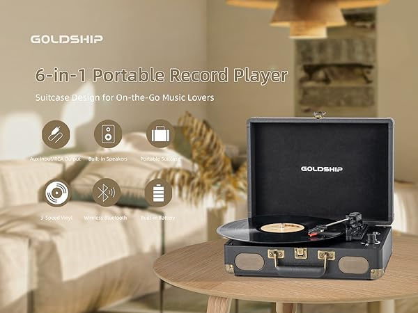 Vinyl Record Player 3-Speed Bluetooth Turntable with Rechargeable Battery