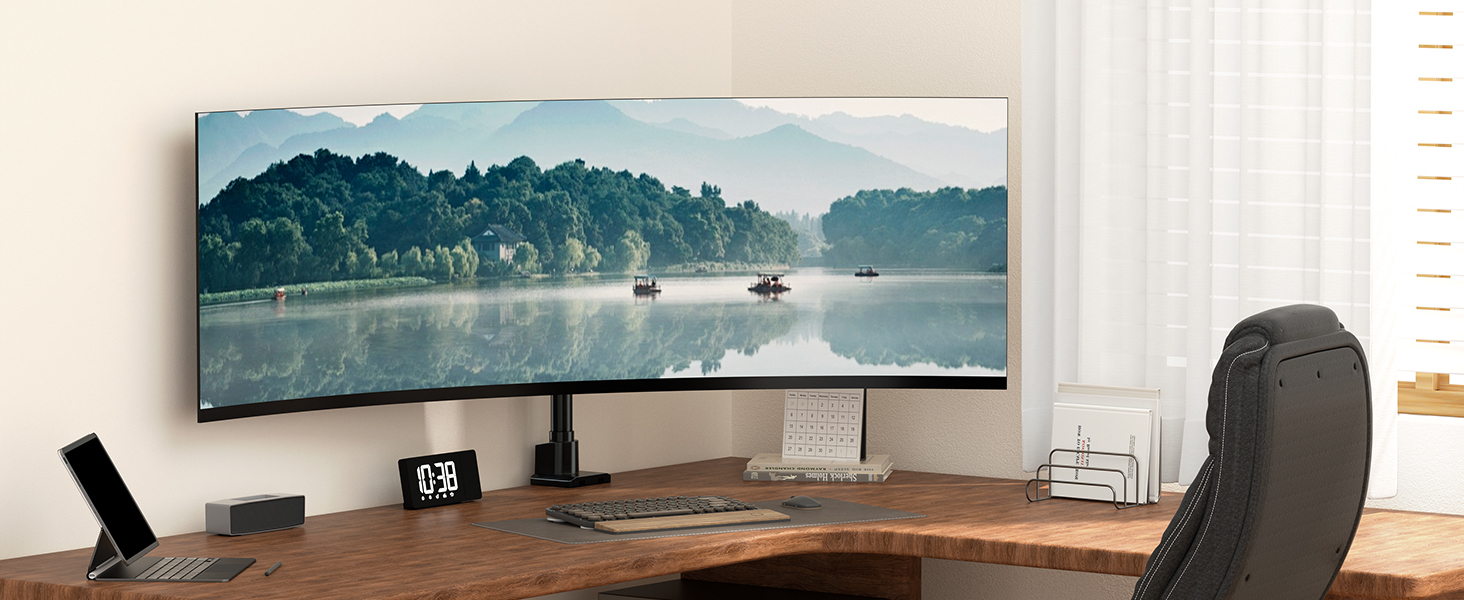 Ultrawide curved monitor mounted on a natural wood live-edge desk, with office chair and desk organizer visible in workspace setup.