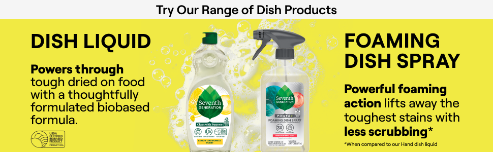 Try our range of dish products. Image shows dish liquid and foaming dish spray on yellow background