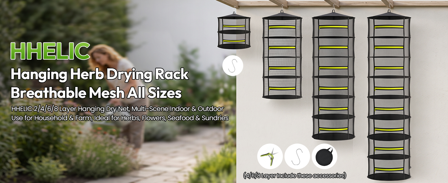 HHELIC hanging mesh herb drying rack, 2/4/6/8 tiers options with complete accessories
