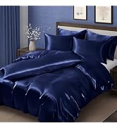 MILVOWOC 6 Pcs Navy Blue Satin Duvet Cover Full/Queen Size Set, Silky Bed Duvet Cover Luxury Sati...