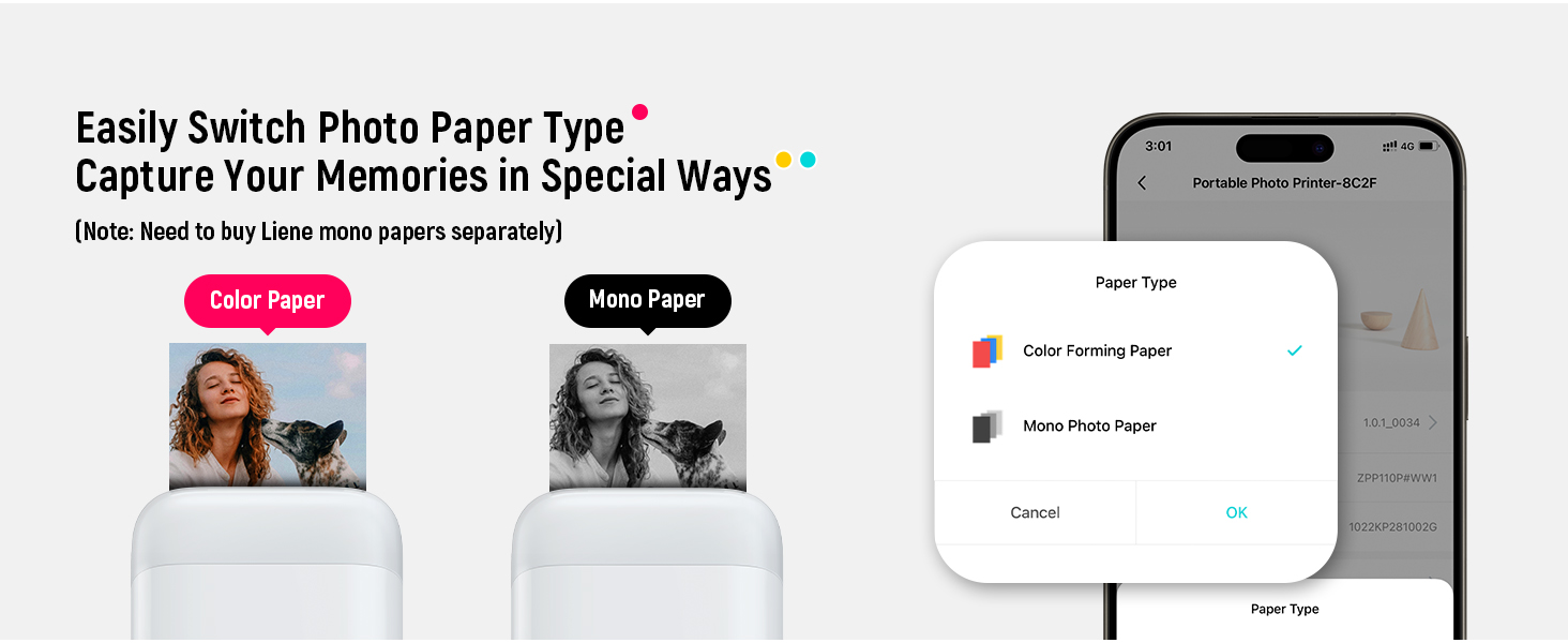 Mobile app interface showing photo paper options with two printing modes: color and mono paper, displayed alongside smartphone mockup.