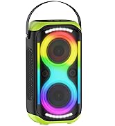 Circular device with LED lighting displaying different color modes - yellow, green, blue, and rainbow patterns in sequential images.